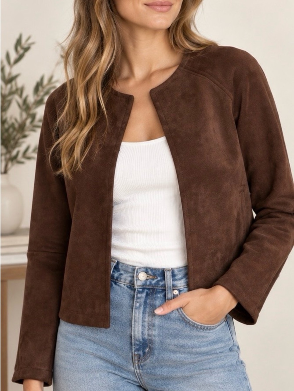 a new day Chocolate Brown Suede Open-Front Jacket